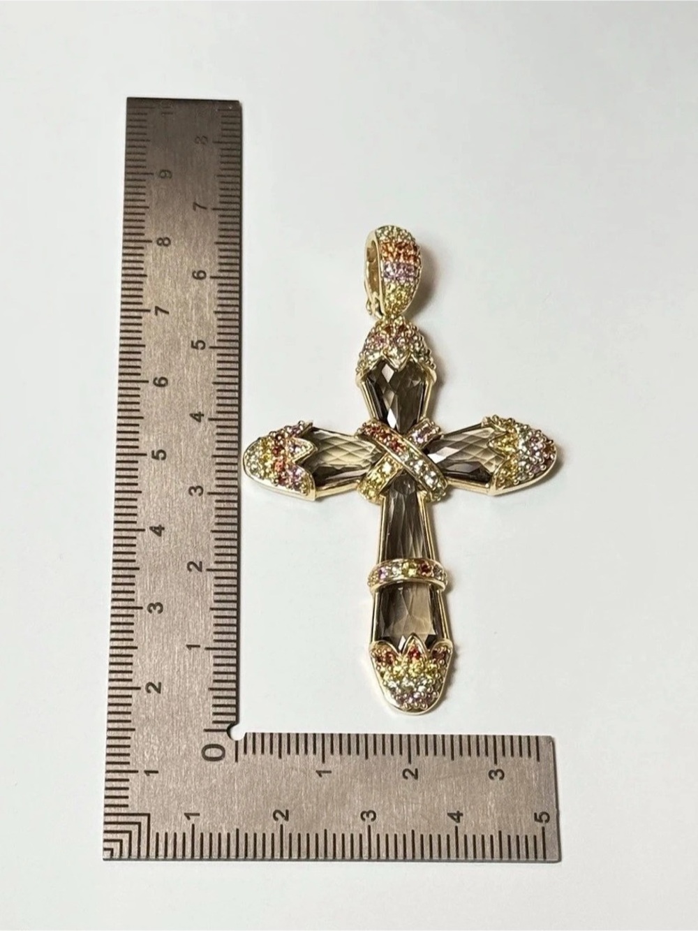 14k Gold & Smoky Quartz gemstone Cross Pendant W/ Enhanced Clasp 12g TW